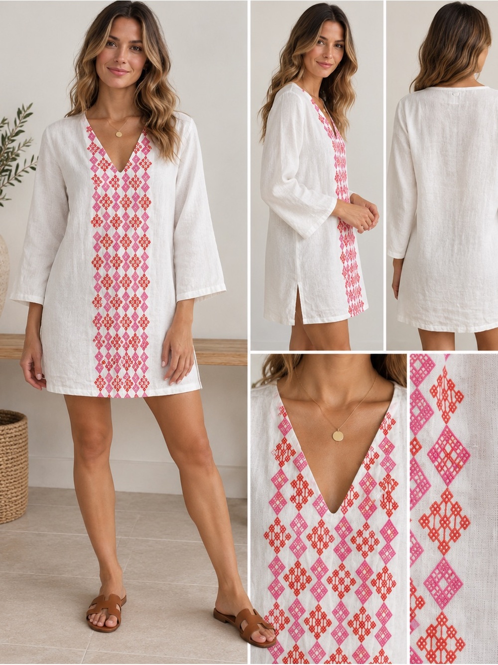House of Pom tunic Womens size Medium linen V Neck embroidered resort wear Beach
